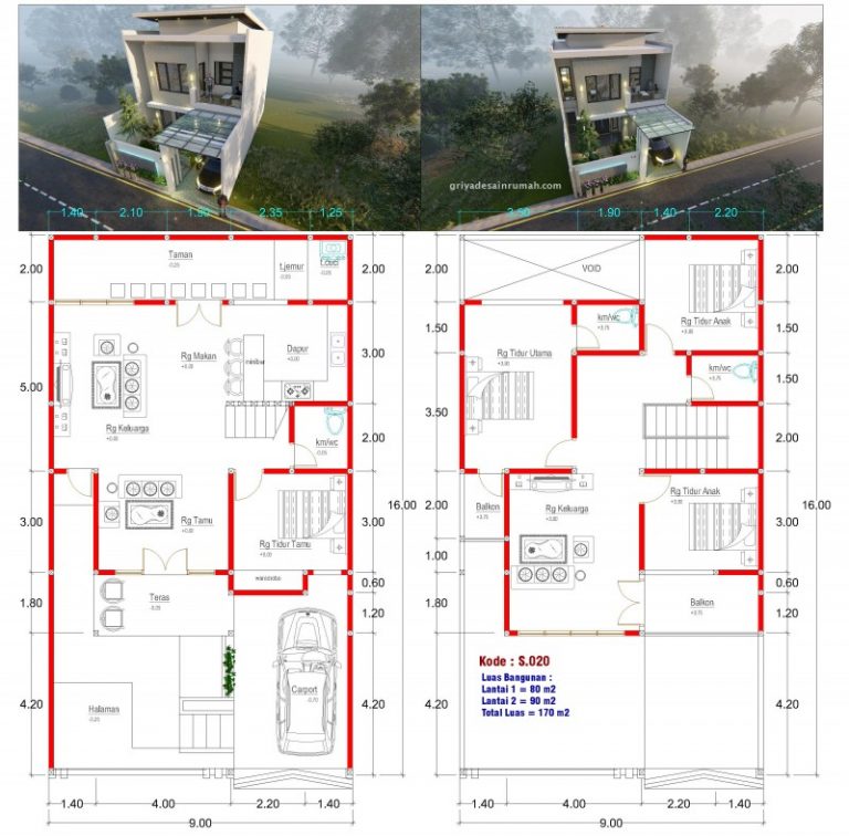 Rumah 2 Lantai Type 170 Ukuran 9x16 Meter 4 Kamar Tidur | Jasa Desain Rumah